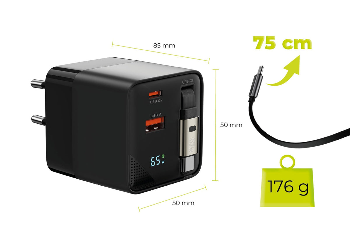 Wall Charger GaN with Display and Retractable Cable USB-C + USB-A PW2, 65W, Black
