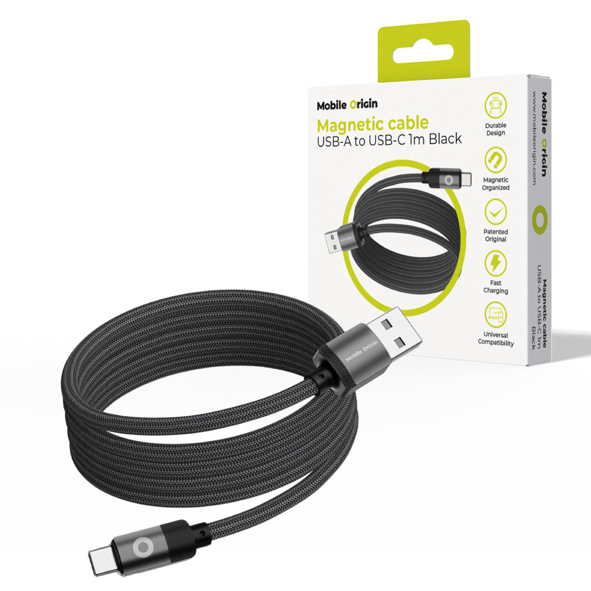Magnetický kábel USB-A na USB-C MC2, 27W, 480 Mb/s, 1 m, Čierna