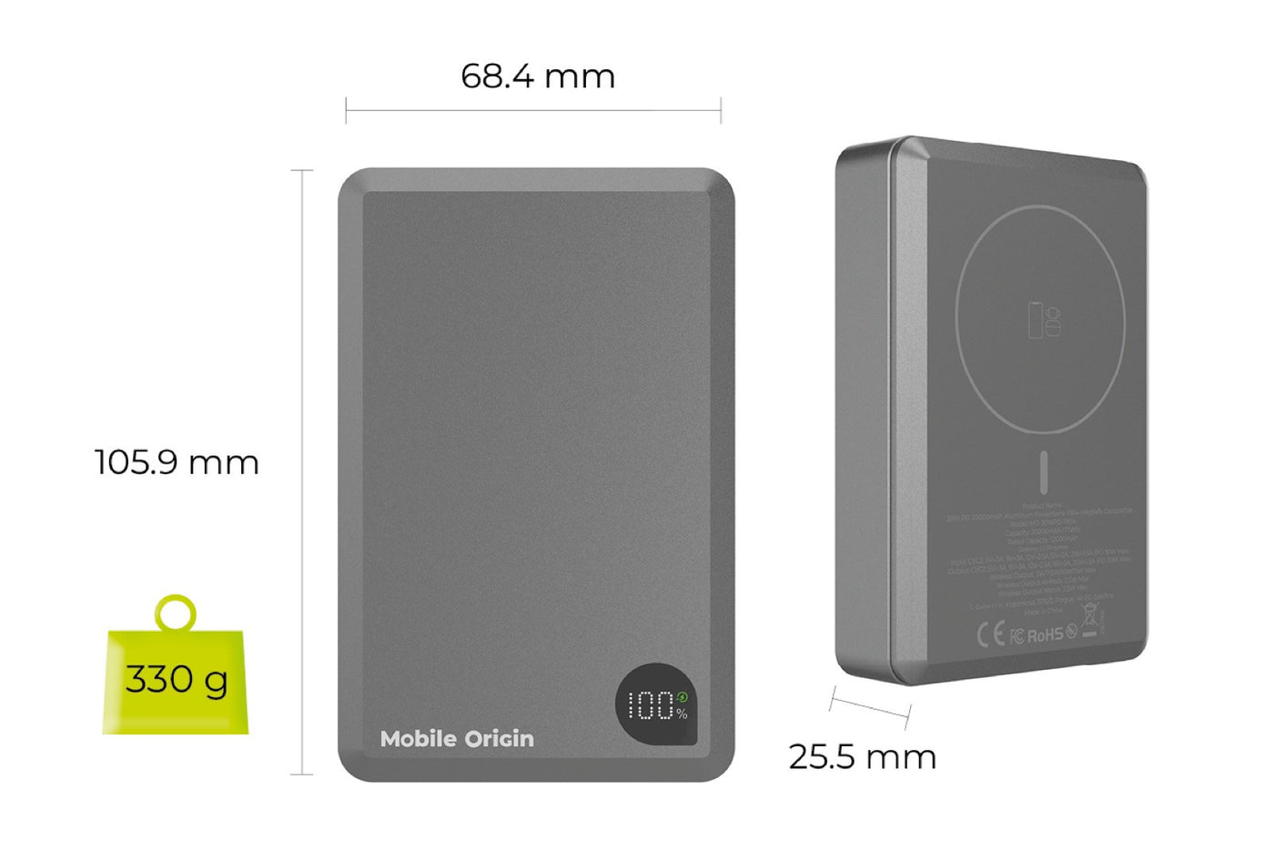 Wireless Magnetic Power Bank 3-in-1 MagSafe with Display PB14, 20000mAh, 30W, Gray
