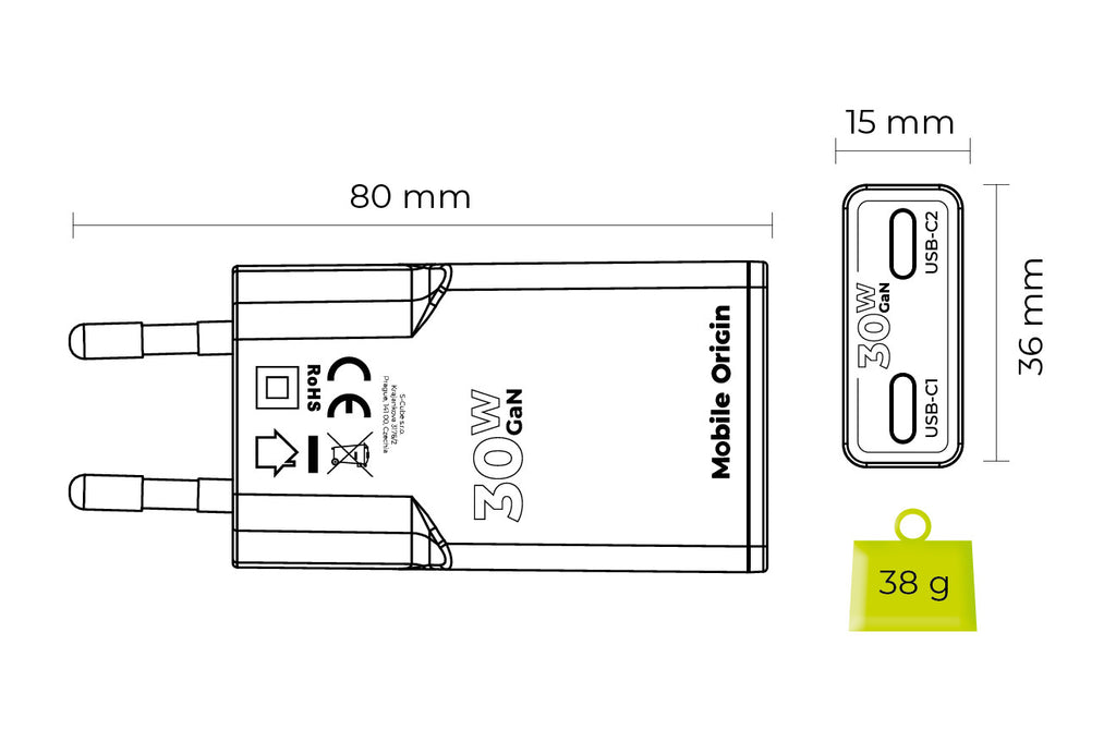 GaN nabíječka tenká 30W TÜV MO18 – duální USB‑C