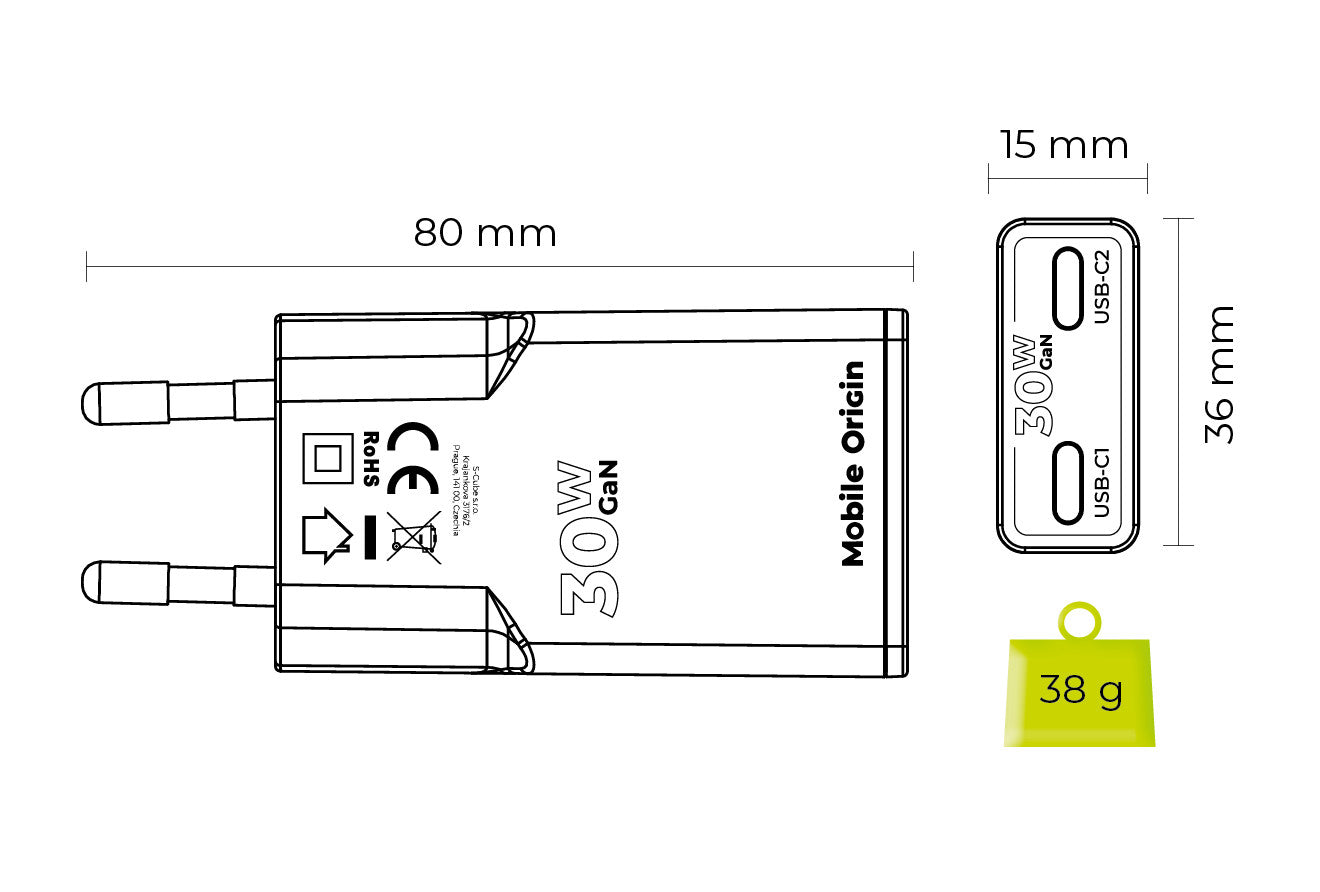 Wall Charger GaN Slim 2× USB-C MO18, 30W, White