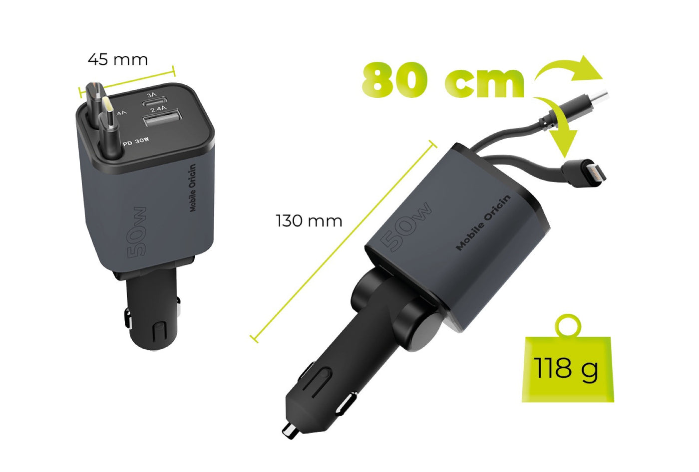 Car Charger 4-in-1 USB-C + USB-A with USB-C and Lightning Cables CA28, 50W, Space Gray