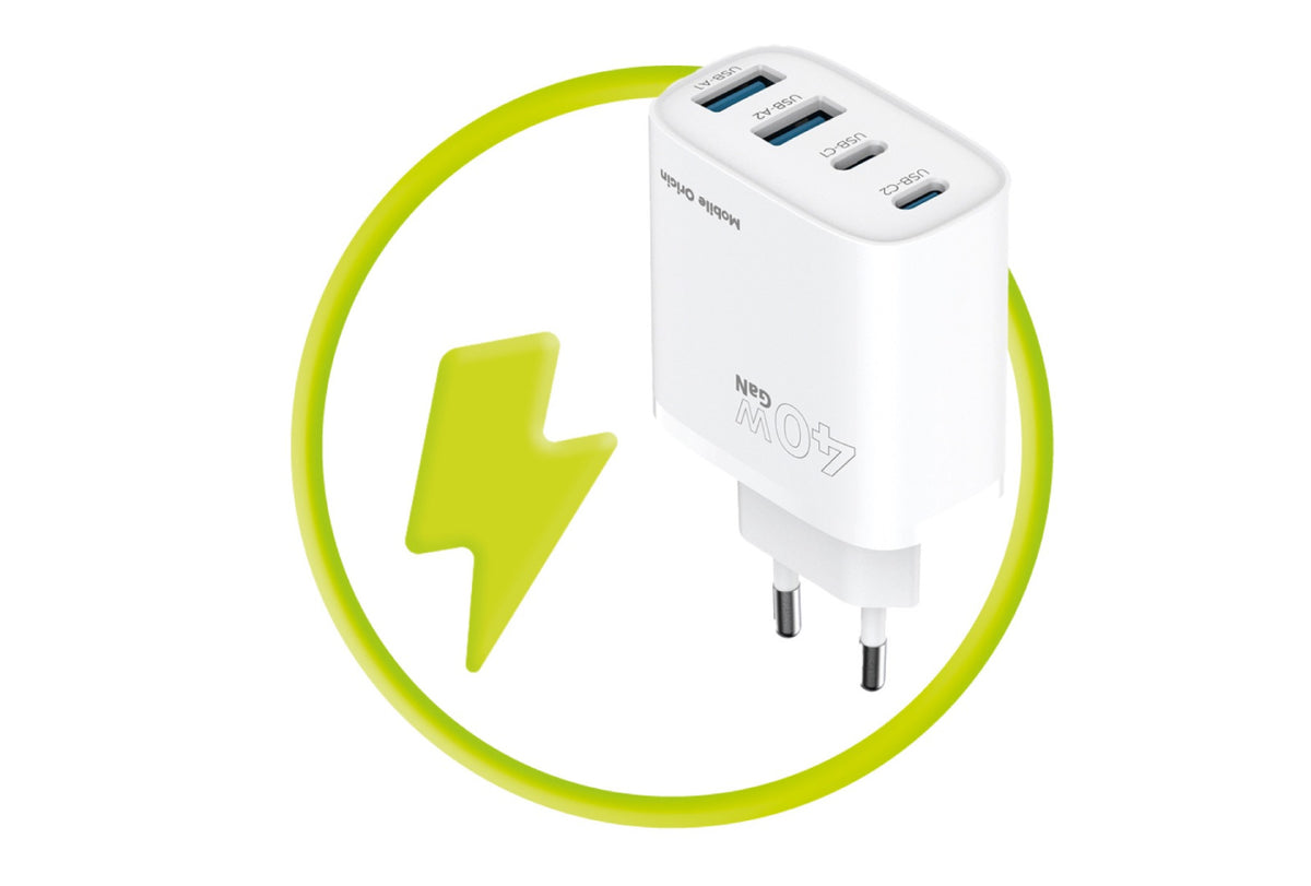 Sieťová nabíjačka GaN 2× USB-C + 2× USB-A PW22, 40W, Biela