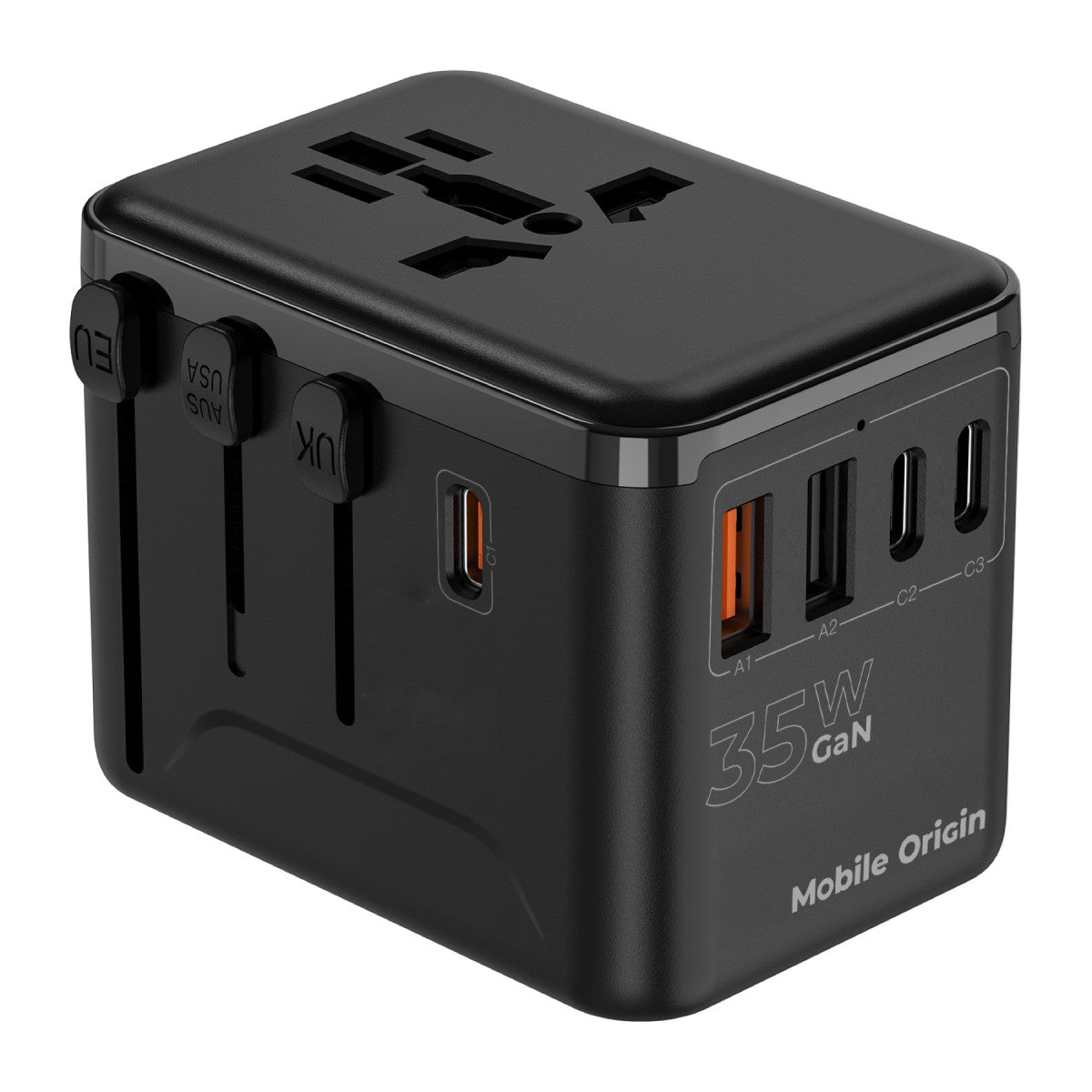 Cestovní adaptér GaN EU/UK/US/AUS 3× USB-C + 2× USB-A PW4, 35W, Černá