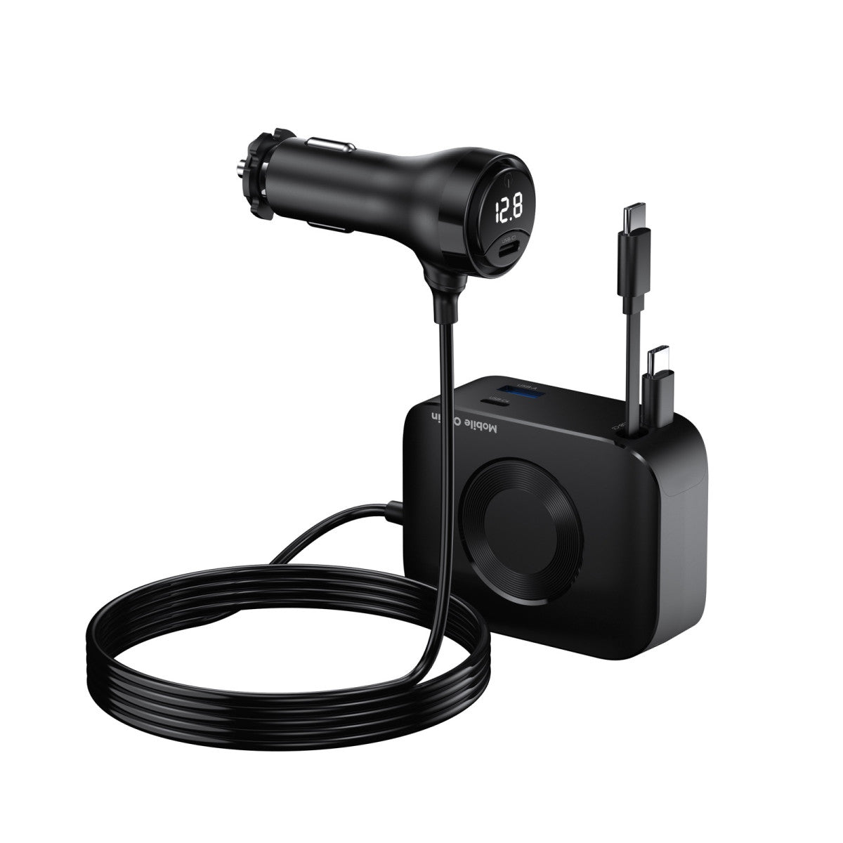 Autonabíječka 5v1 s displejem 2× USB-C + USB-A, 2× USB-C kabel CA23, 75W, Černá