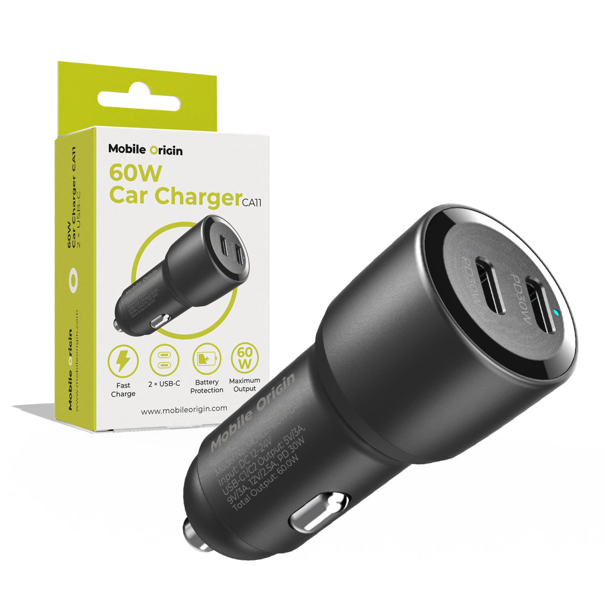 Car Charger 2× USB-C CA11, 60W, Black