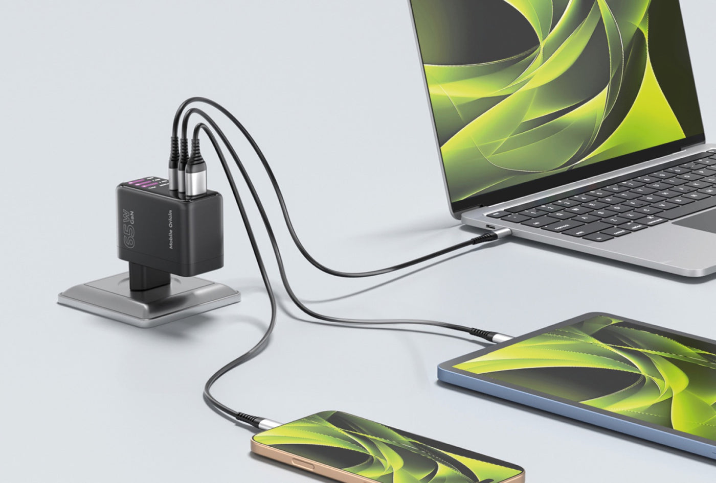 GaN Wall Charger with Display 2× USB-C + USB-A PW20, 65W, Black