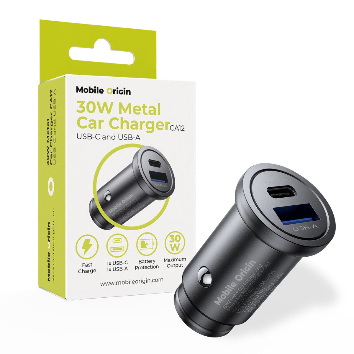 Car Charger USB-C + USB-A CA12, 30W, Black