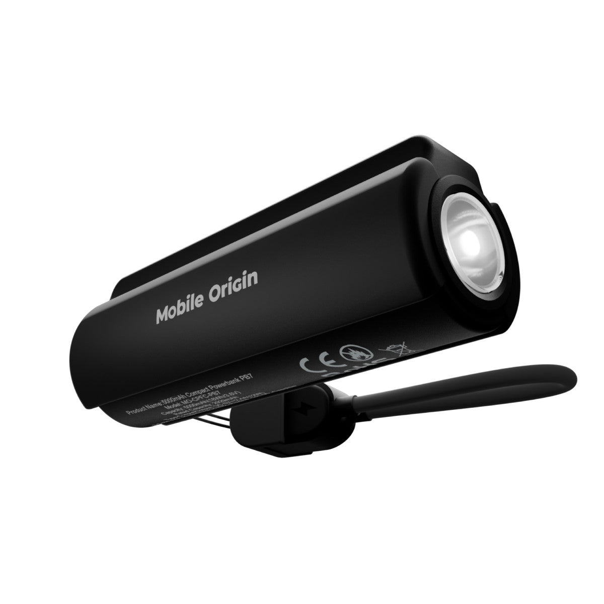 Compact Power Bank with Flashlight and USB-C Cable PB7, 5000mAh, 12W, Black