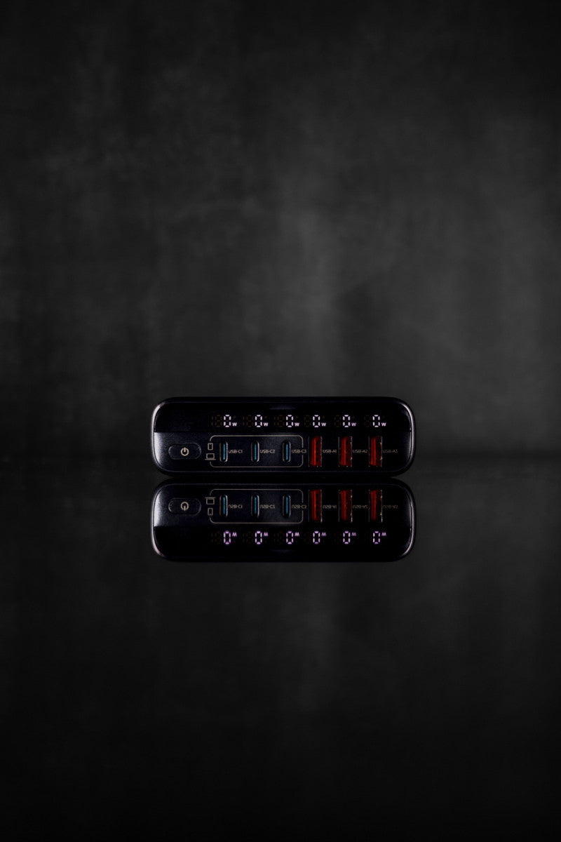 Cestovní nabíječka GaN EU/UK/US 3× USB-C + 3× USB-A PW12, 140W, Černá
