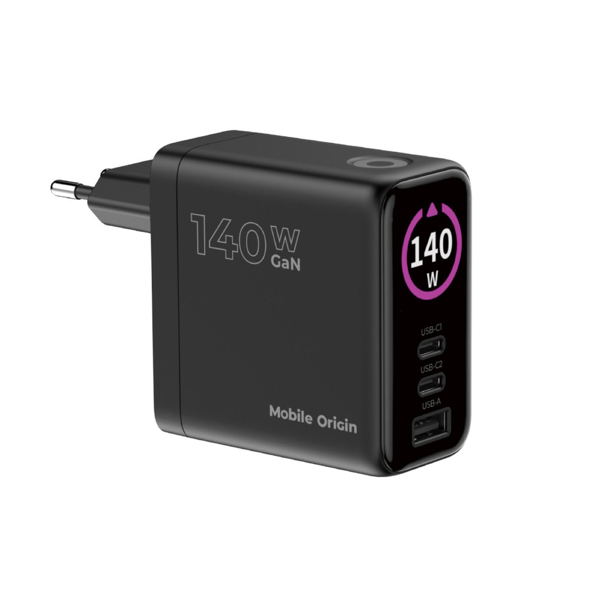 GaN Wall Charger with Display 2× USB-C + USB-A PW21, 140W, Black