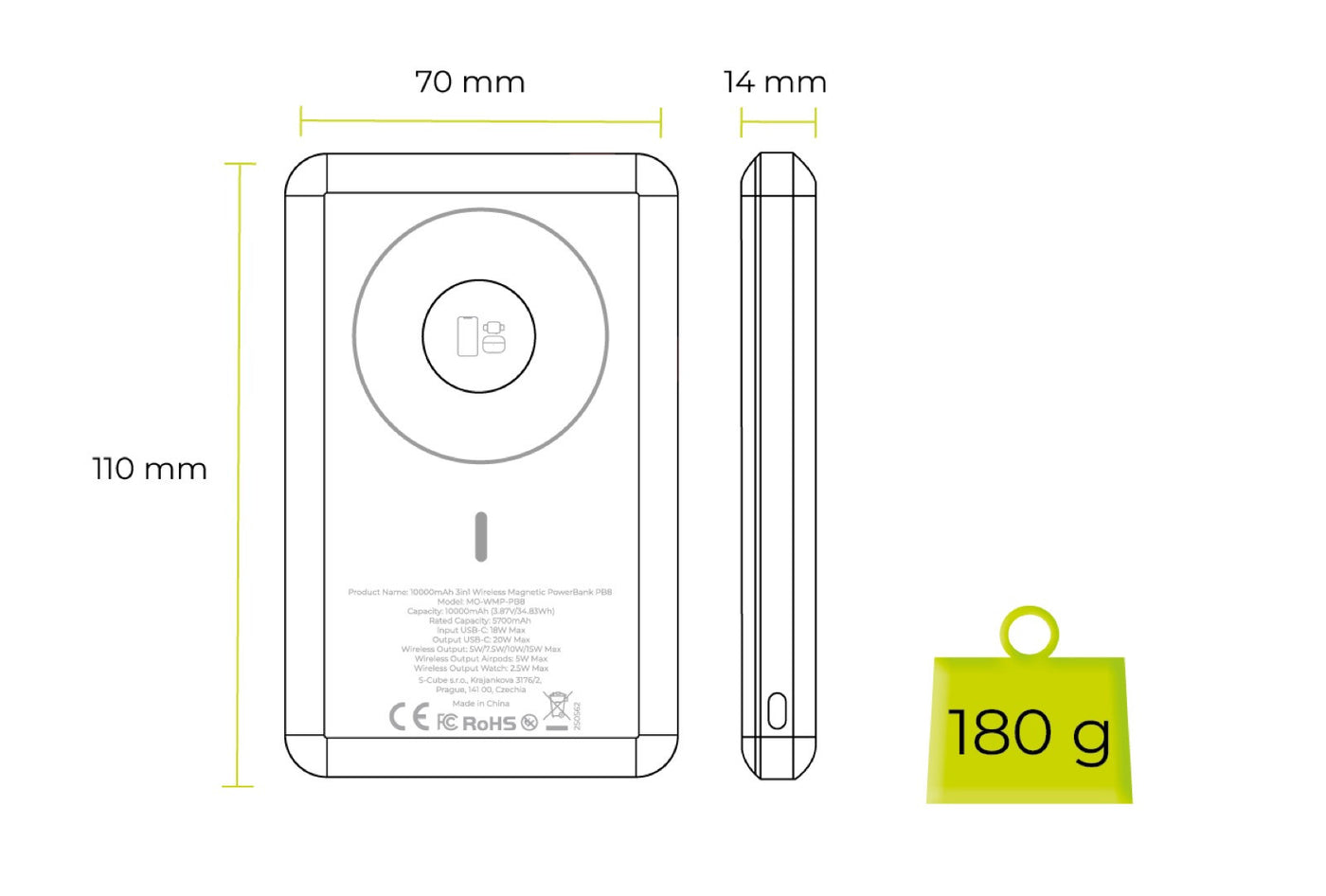Bezdrátová magnetická powerbanka 3v1 MagSafe s displejem PB8, 10000mAh, 20W, Černá
