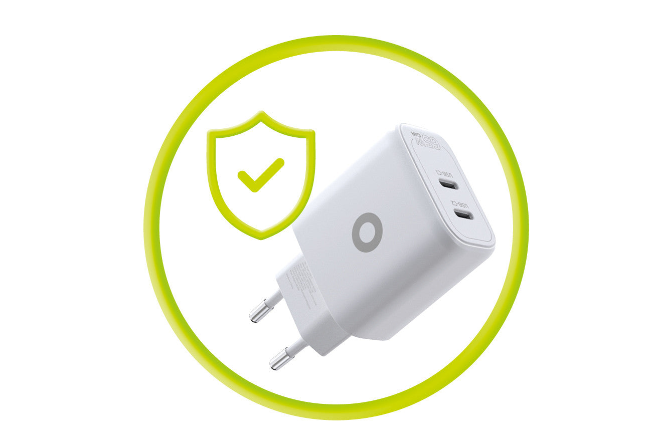 Síťová nabíječka GaN 2× USB-C MO19, 65W, Bílá