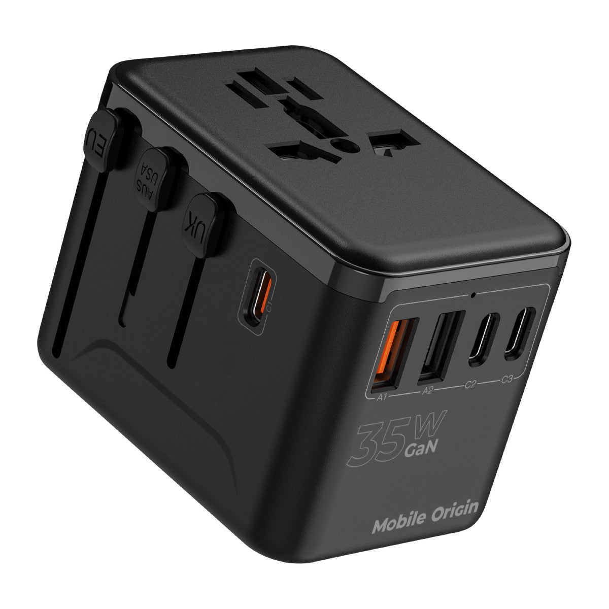 Cestovní adaptér GaN EU/UK/US/AUS 3× USB-C + 2× USB-A PW4, 35W, Černá