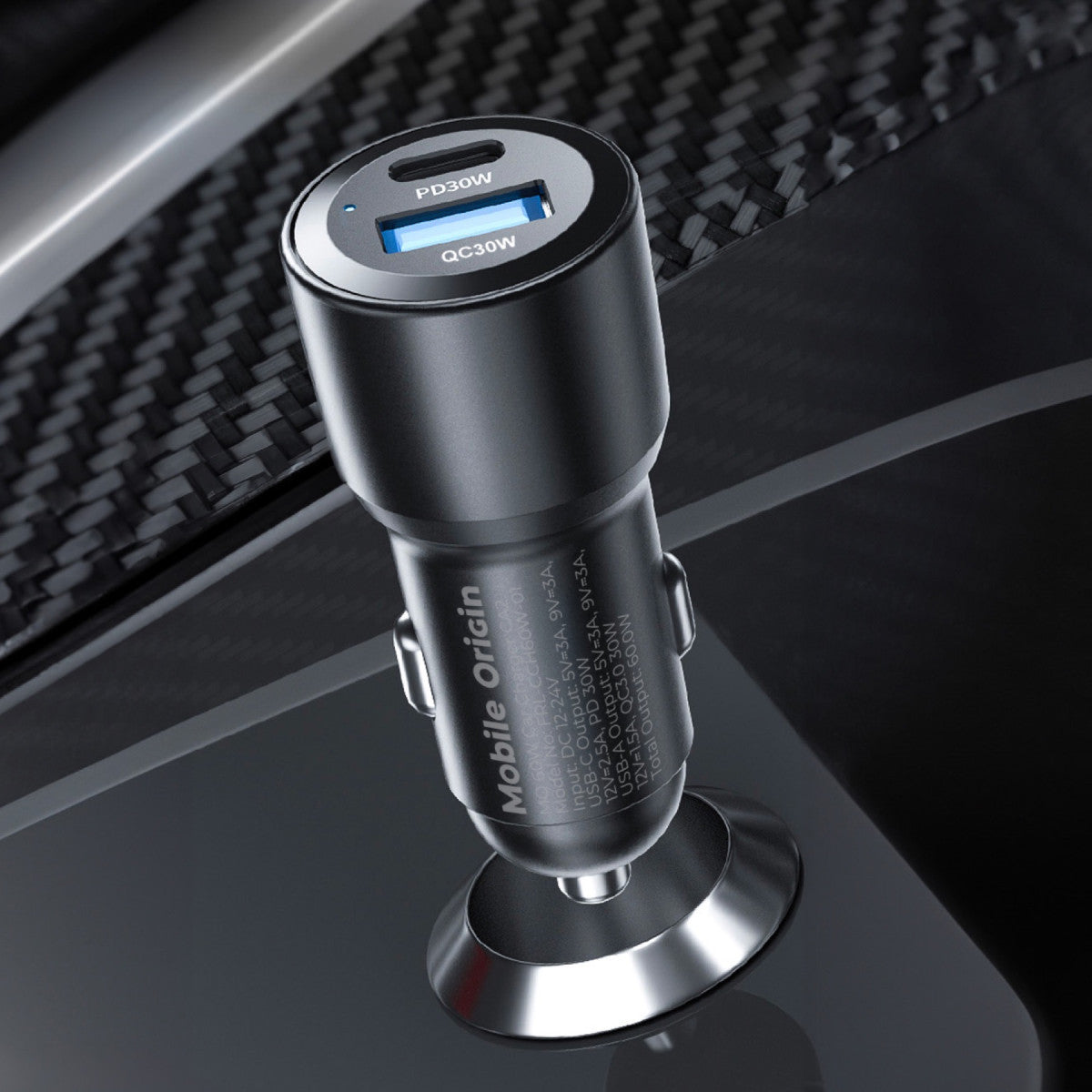 Car Charger USB-C + USB-A CA2, 60W, Black
