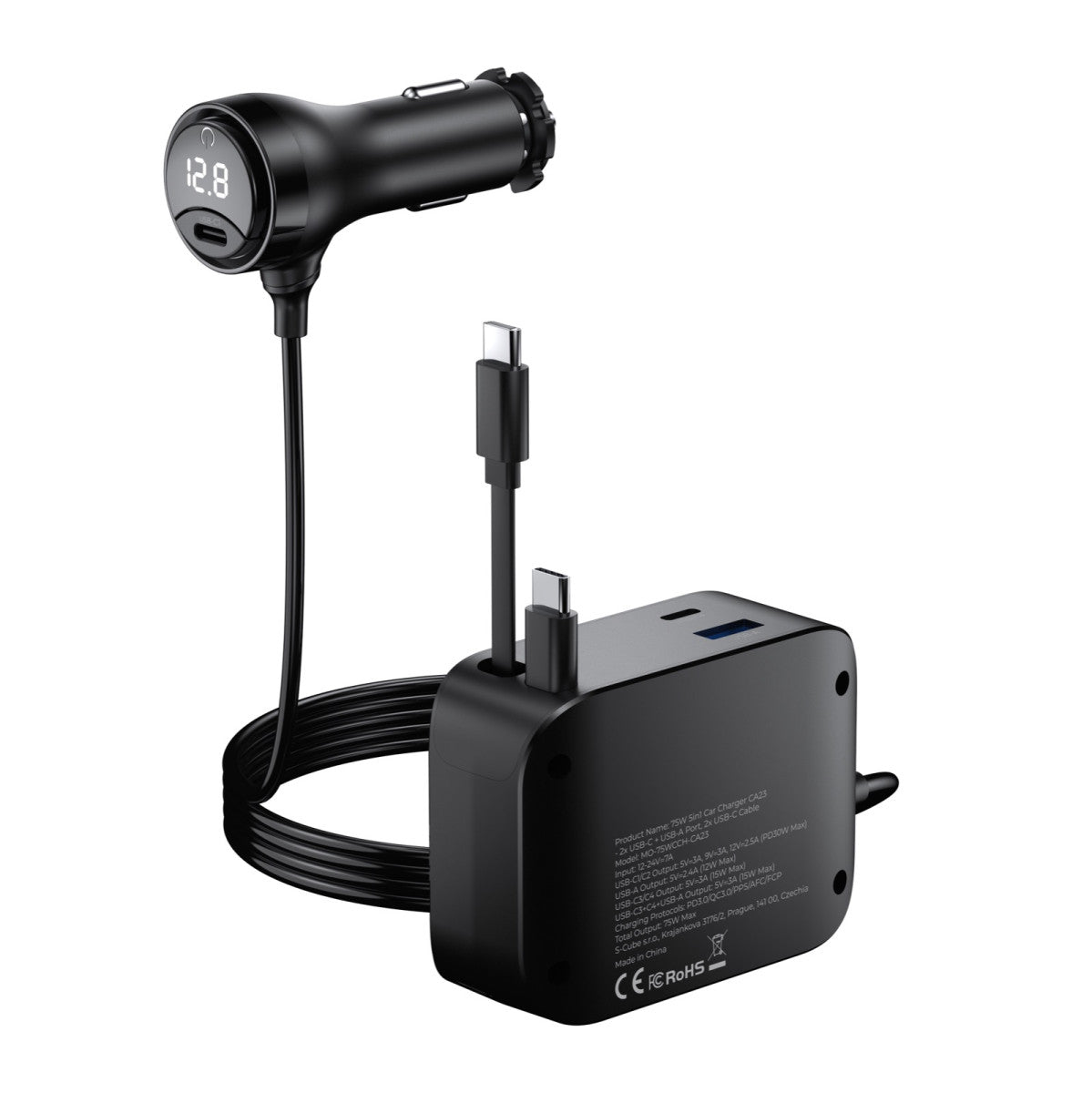 Autonabíječka 5v1 s displejem 2× USB-C + USB-A, 2× USB-C kabel CA23, 75W, Černá