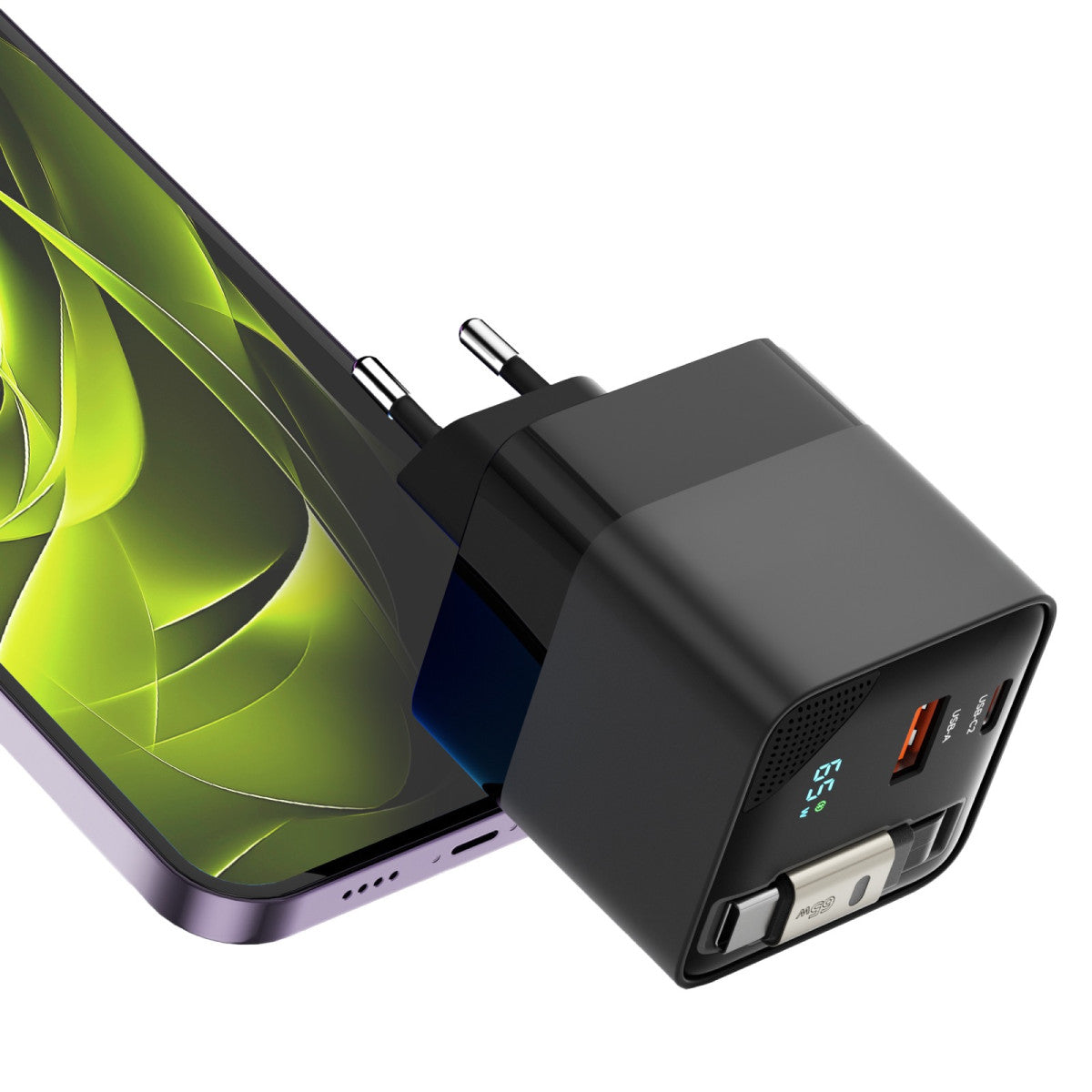 Wall Charger GaN with Display and Retractable Cable USB-C + USB-A PW2, 65W, Black