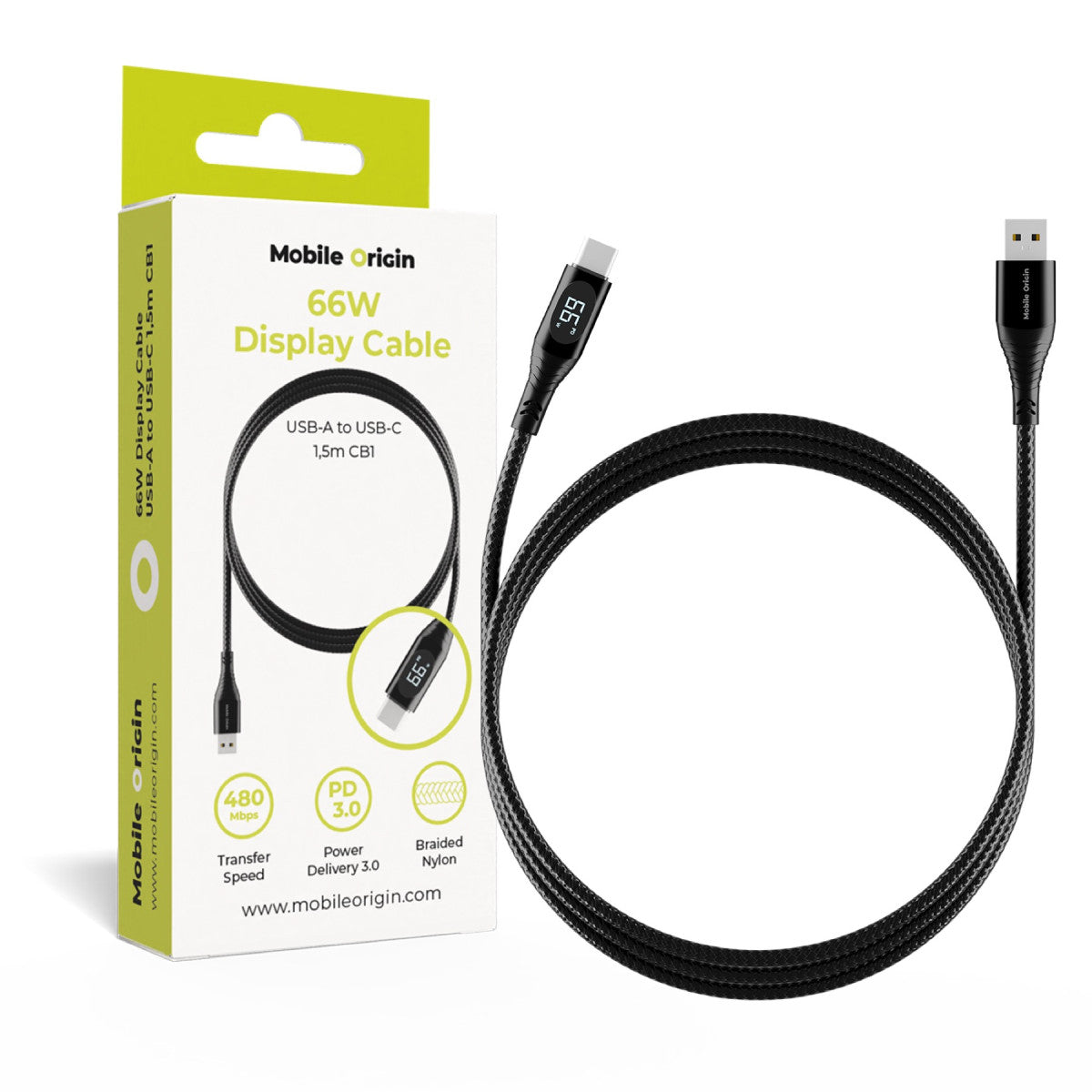 Kábel s displejom USB-A na USB-C CB1, 480 Mb/s, 1,5 m, Čierna