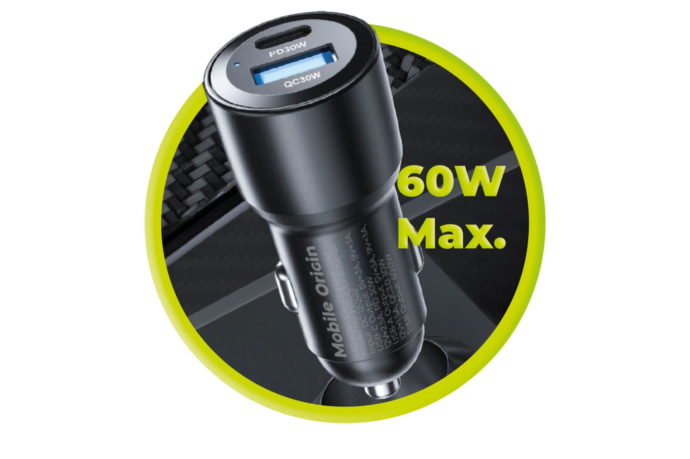 Car Charger USB-C + USB-A CA2, 60W, Black