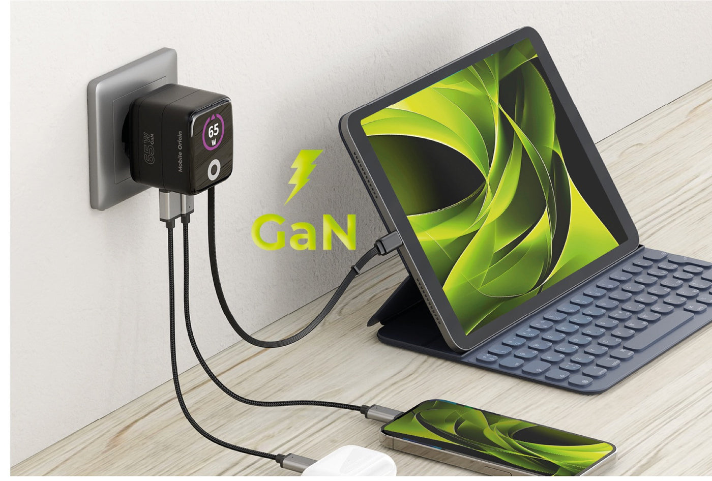 Síťová nabíječka GaN s displejem a samonavíjecím kabelem USB-C + USB-A PW3, 65W, 0,65 m, Černá