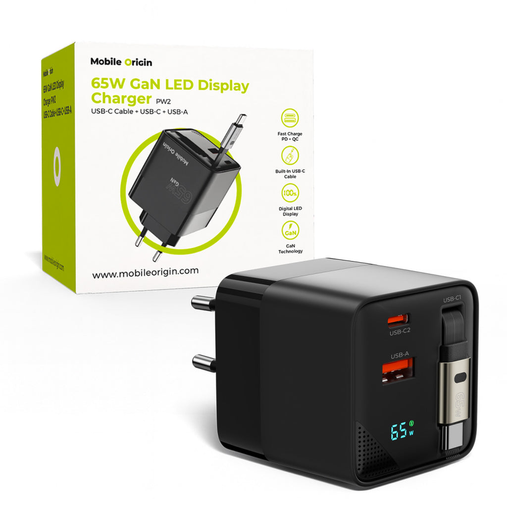 GaN síťová nabíječka s displejem 65W PW2 s USB-C Samonavíjecím Kabelem + USB-C + USB-A
