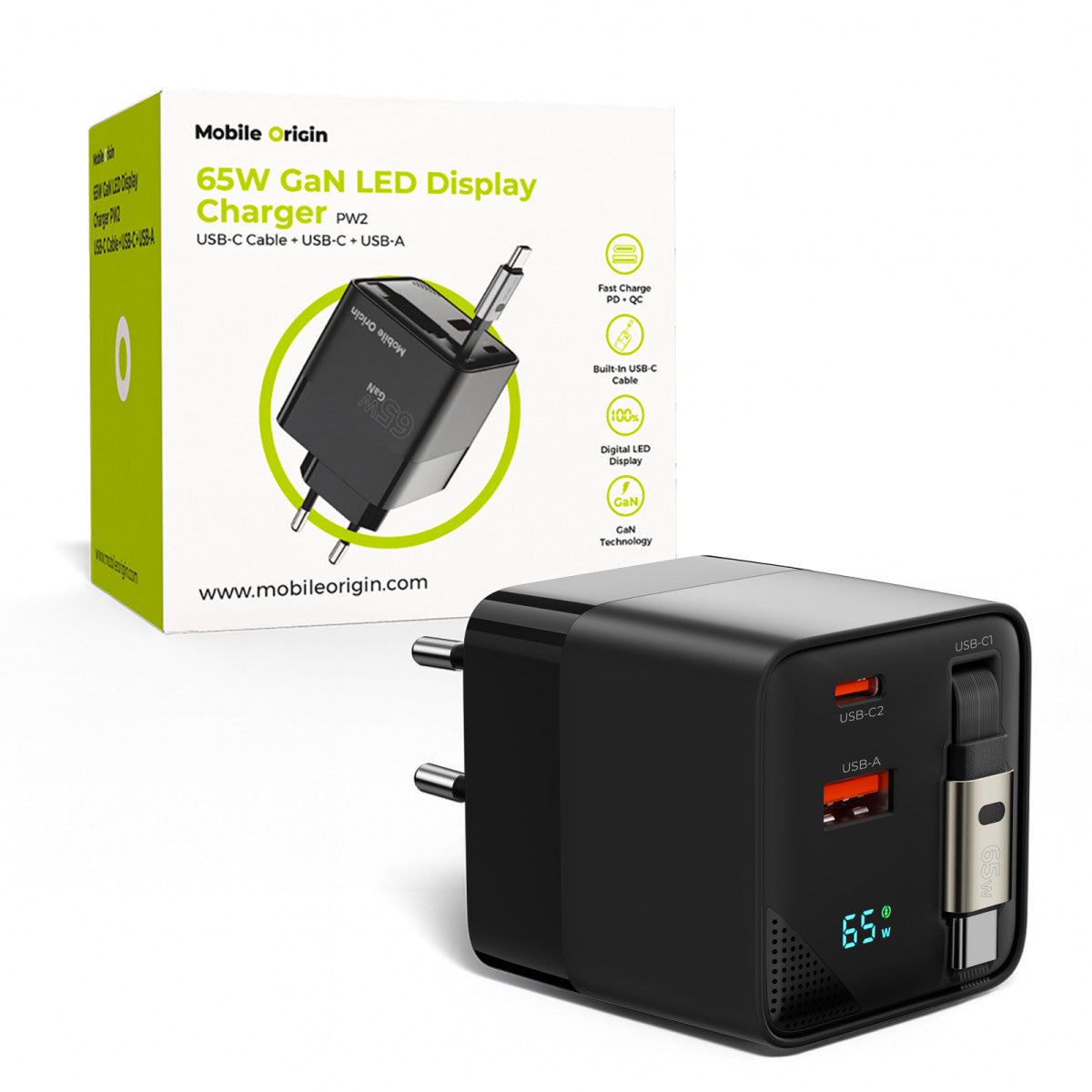 Wall Charger GaN with Display and Retractable Cable USB-C + USB-A PW2, 65W, Black