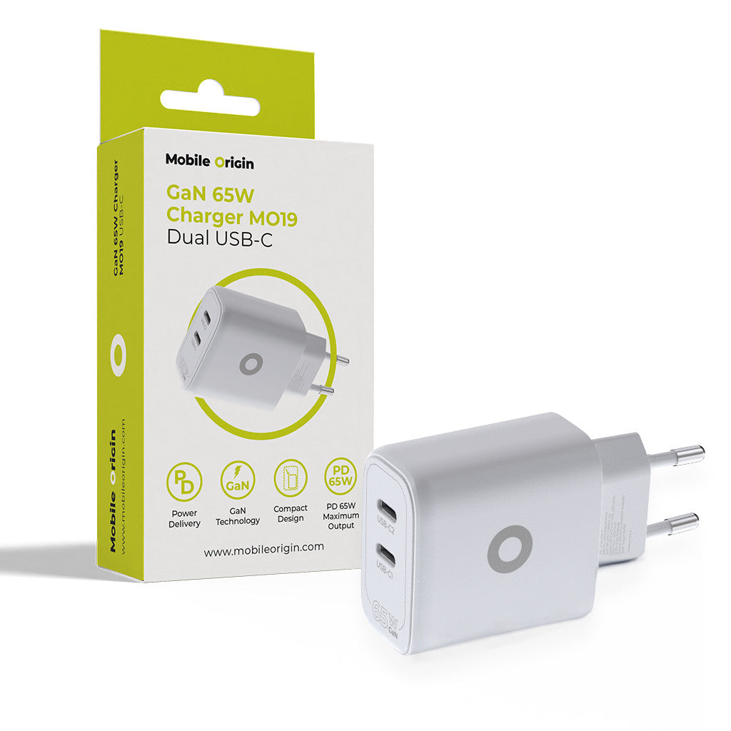 Síťová nabíječka GaN 2× USB-C MO19, 65W, Bílá