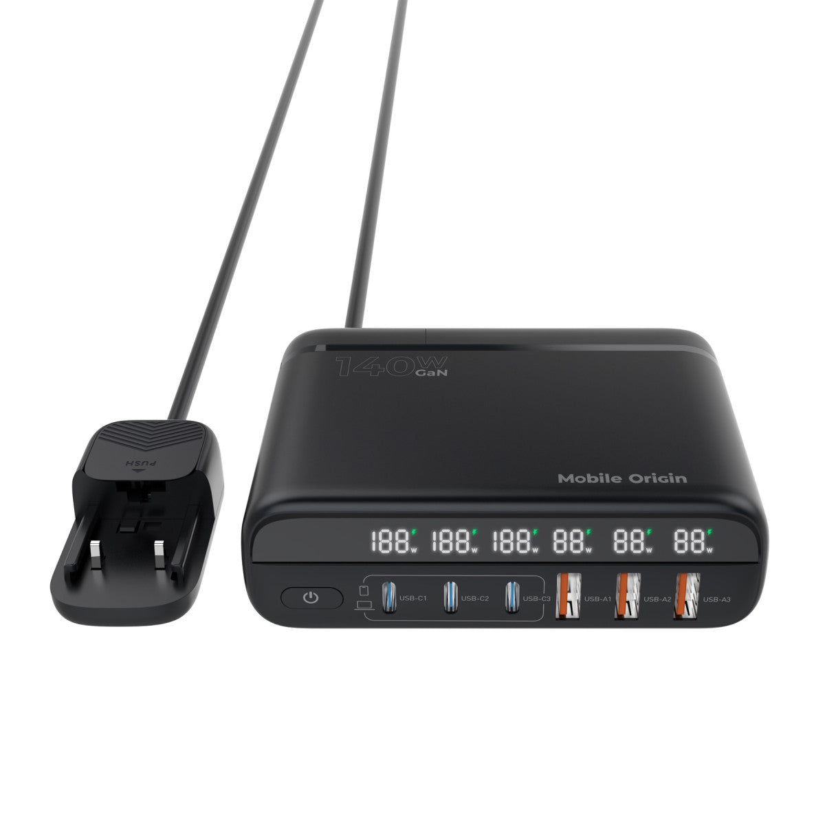 Cestovní nabíječka GaN EU/UK/US 3× USB-C + 3× USB-A PW12, 140W, Černá