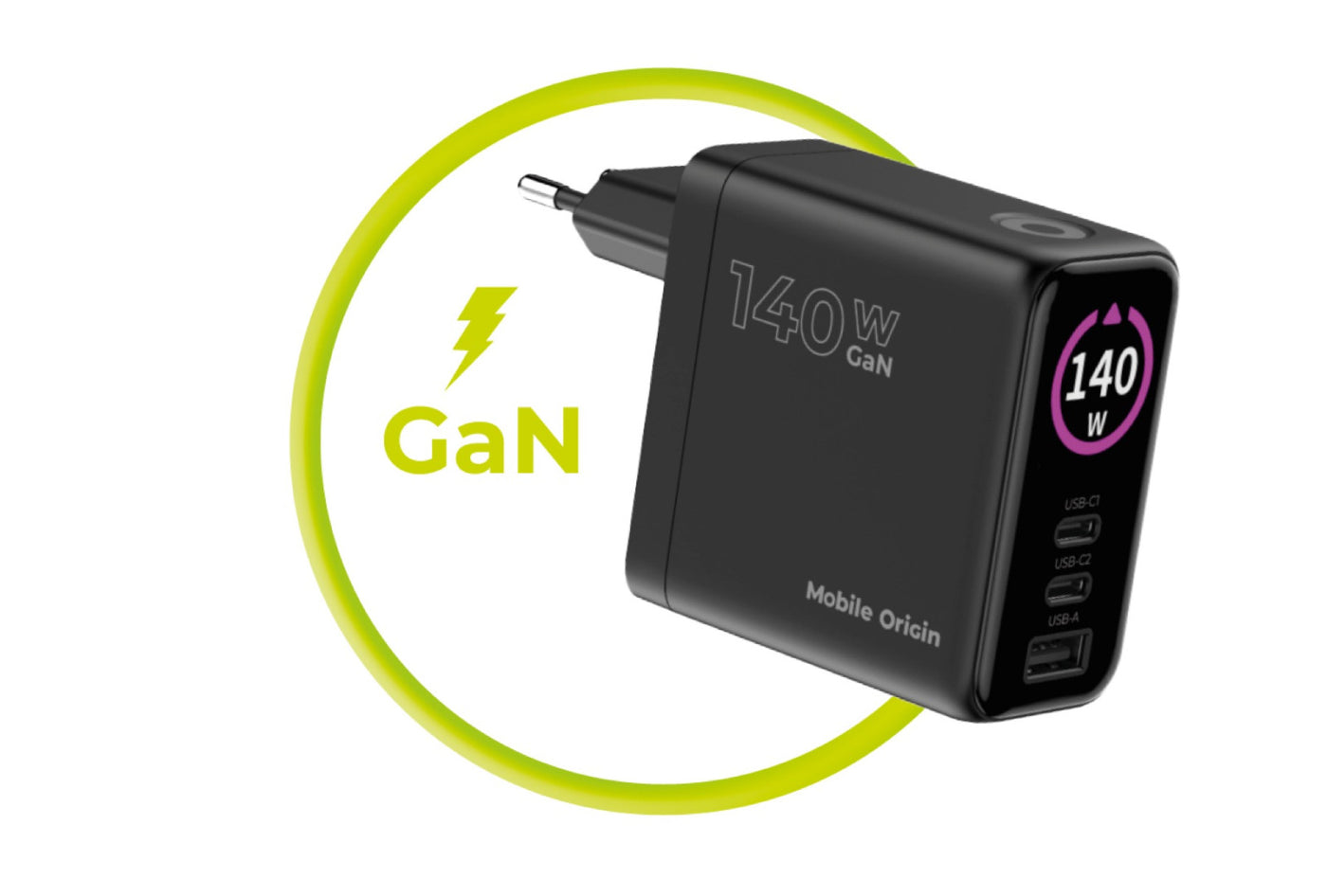 GaN Wall Charger with Display 2× USB-C + USB-A PW21, 140W, Black