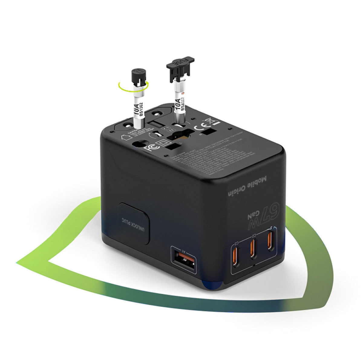 GaN Travel Adapter EU/UK/US/AUS 3× USB-C + USB-A PW5, 67W, Black