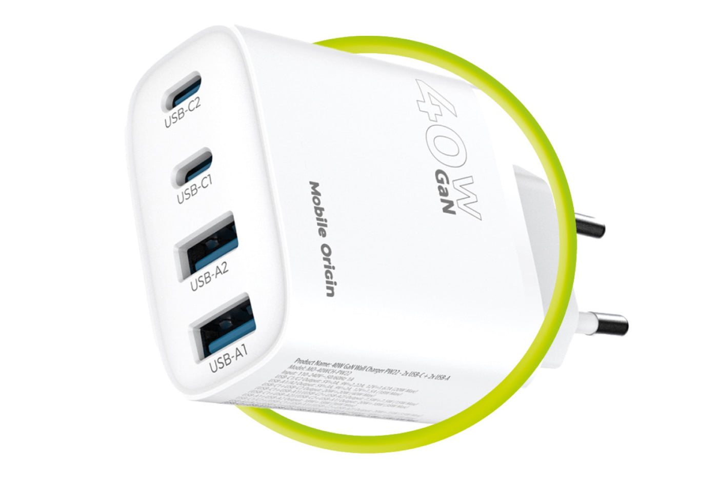 Sieťová nabíjačka GaN 2× USB-C + 2× USB-A PW22, 40W, Biela