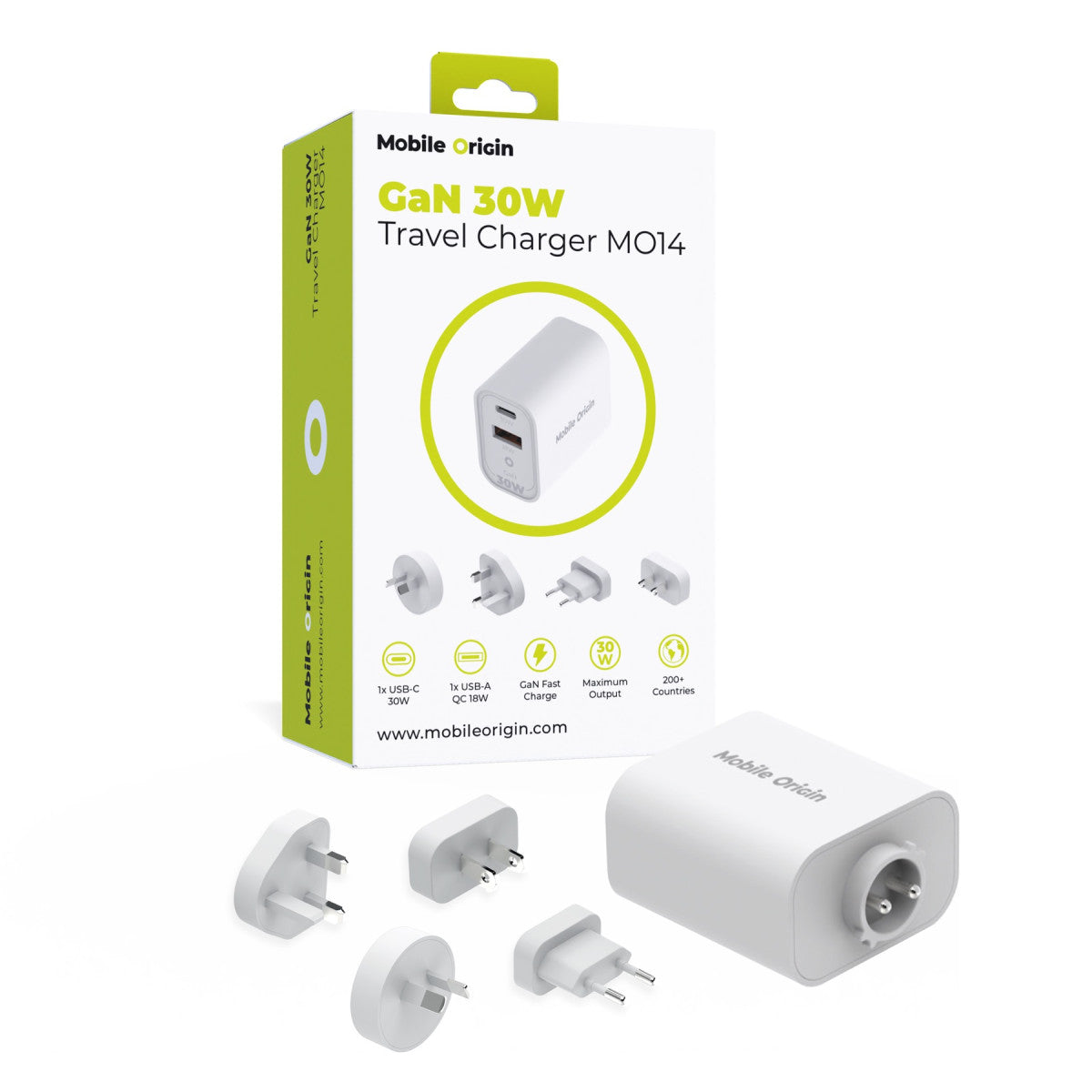 Cestovní nabíječka GaN USB-C + USB-A MO14, 30W, EU/USA/UK/AUS, Bílá