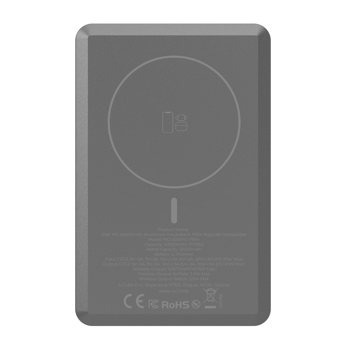Wireless Magnetic Power Bank 3-in-1 MagSafe with Display PB14, 20000mAh, 30W, Gray