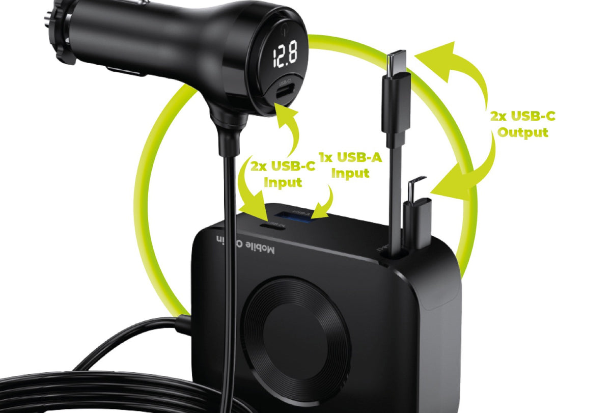 Autonabíječka 5v1 s displejem 2× USB-C + USB-A, 2× USB-C kabel CA23, 75W, Černá