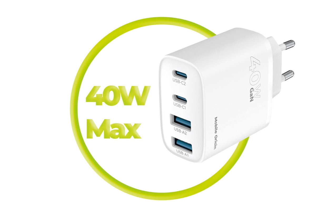 Sieťová nabíjačka GaN 2× USB-C + 2× USB-A PW22, 40W, Biela