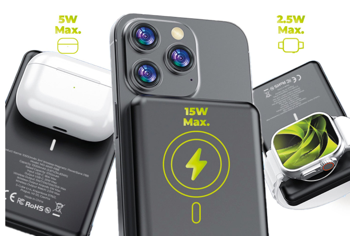 Bezdrátová magnetická powerbanka 3v1 MagSafe s displejem PB8, 10000mAh, 20W, Černá