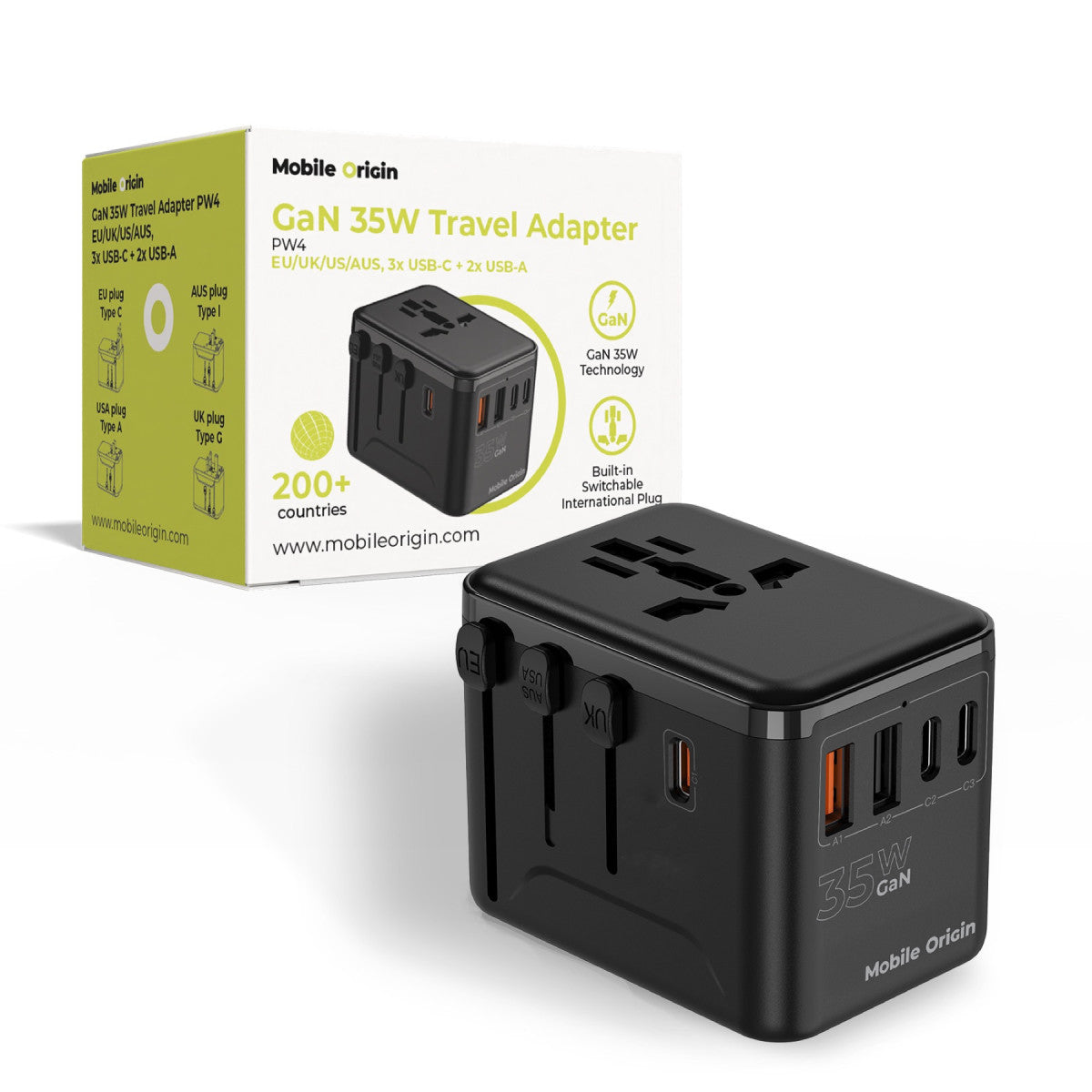 Cestovní adaptér GaN EU/UK/US/AUS 3× USB-C + 2× USB-A PW4, 35W, Černá
