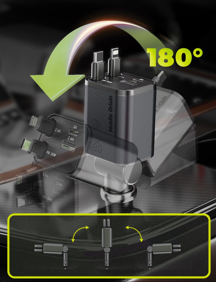 Car Charger 4-in-1 USB-C + USB-A with USB-C and Lightning Cables CA28, 50W, Space Gray