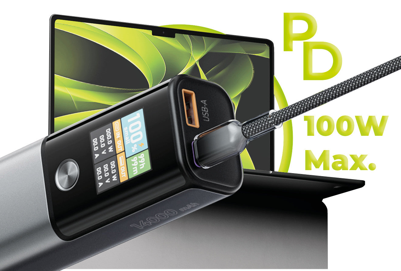 Power Bank with Display USB-C + USB-A PB12, 14000mAh, 100W, Gray