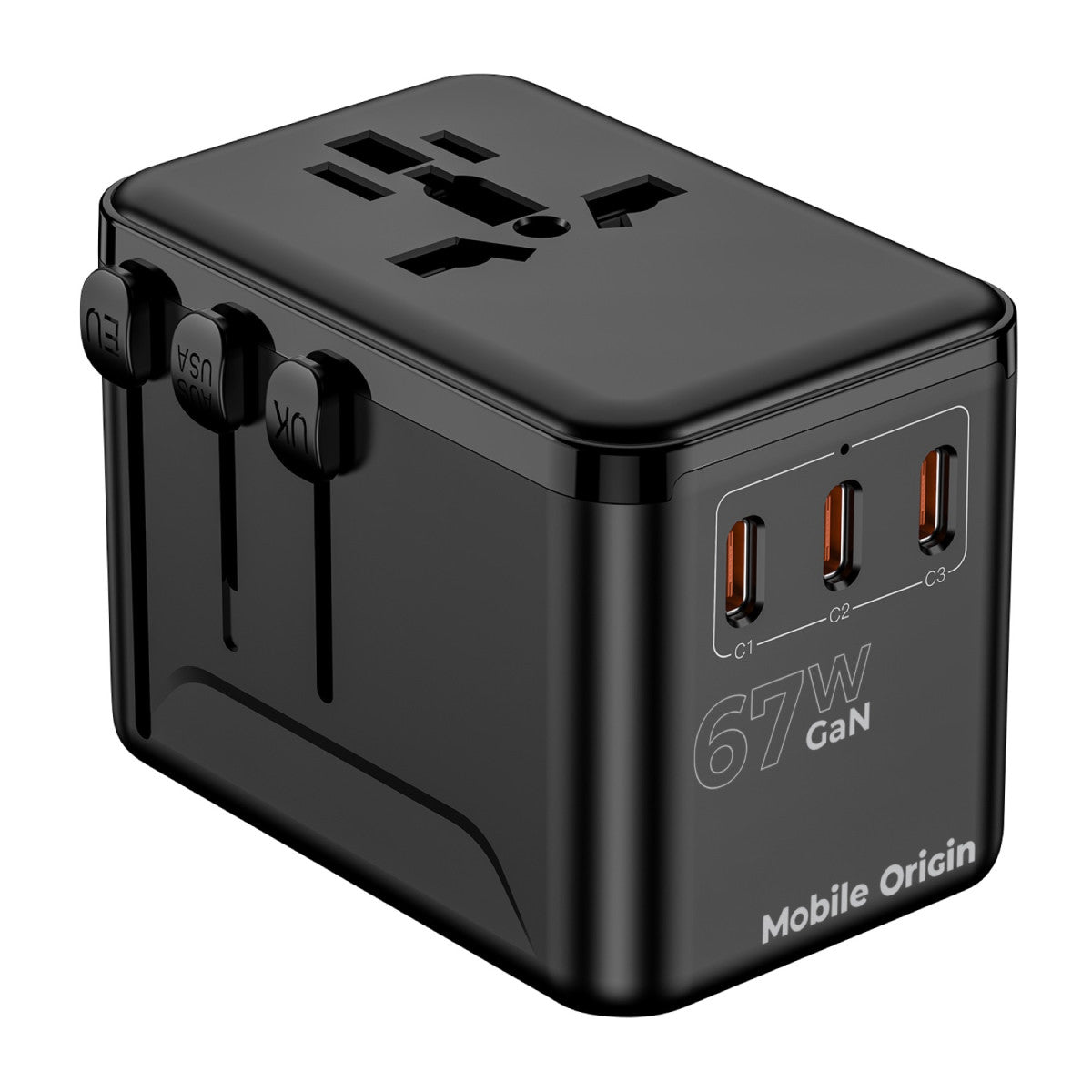 GaN Travel Adapter EU/UK/US/AUS 3× USB-C + USB-A PW5, 67W, Black