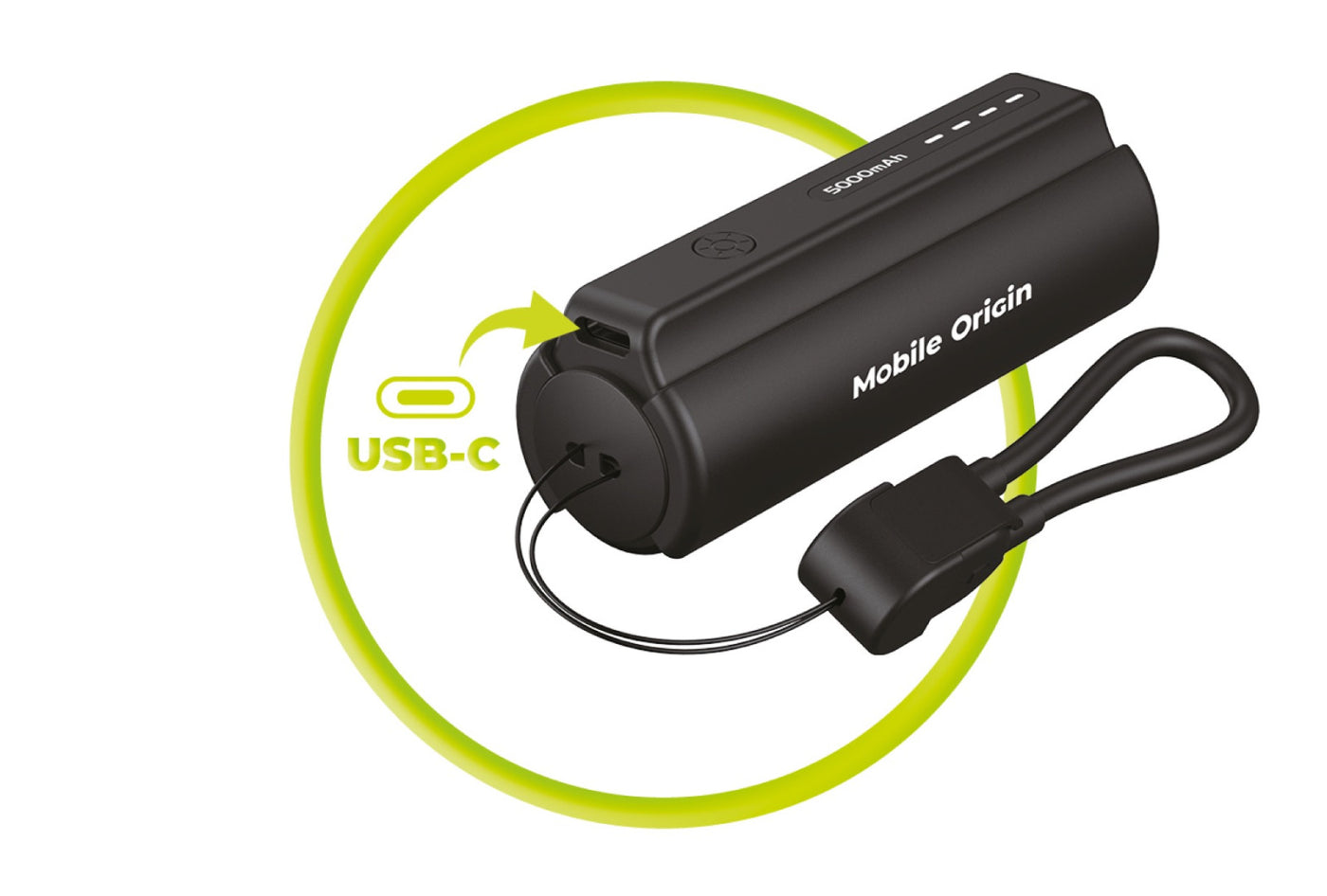 Compact Power Bank with Flashlight and USB-C Cable PB7, 5000mAh, 12W, Black