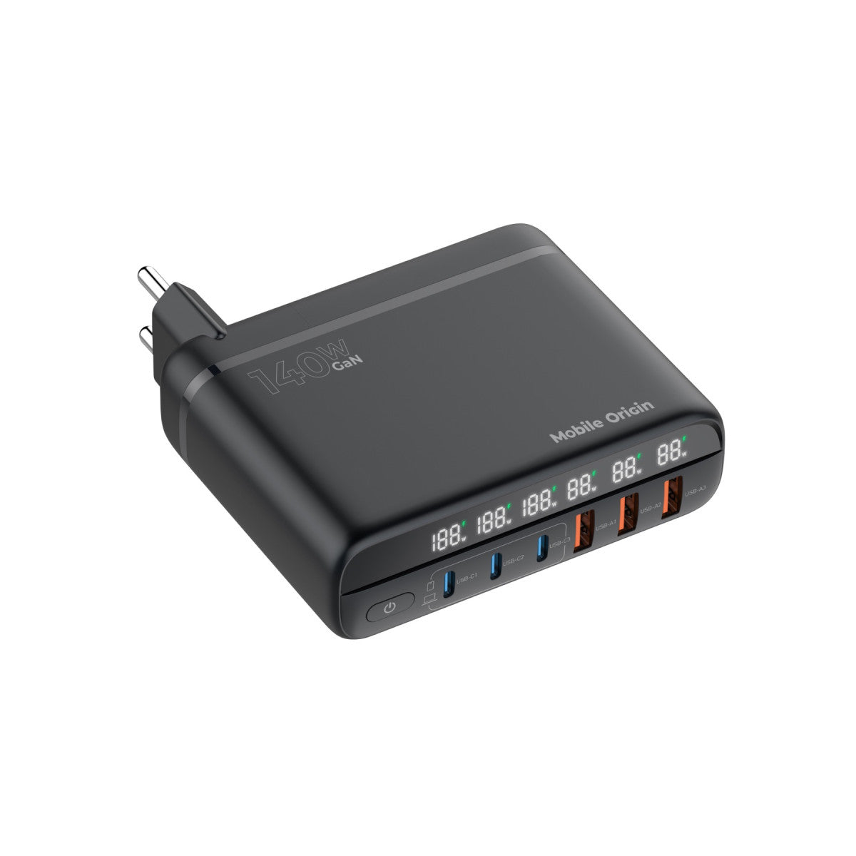 Cestovní nabíječka GaN EU/UK/US 3× USB-C + 3× USB-A PW12, 140W, Černá