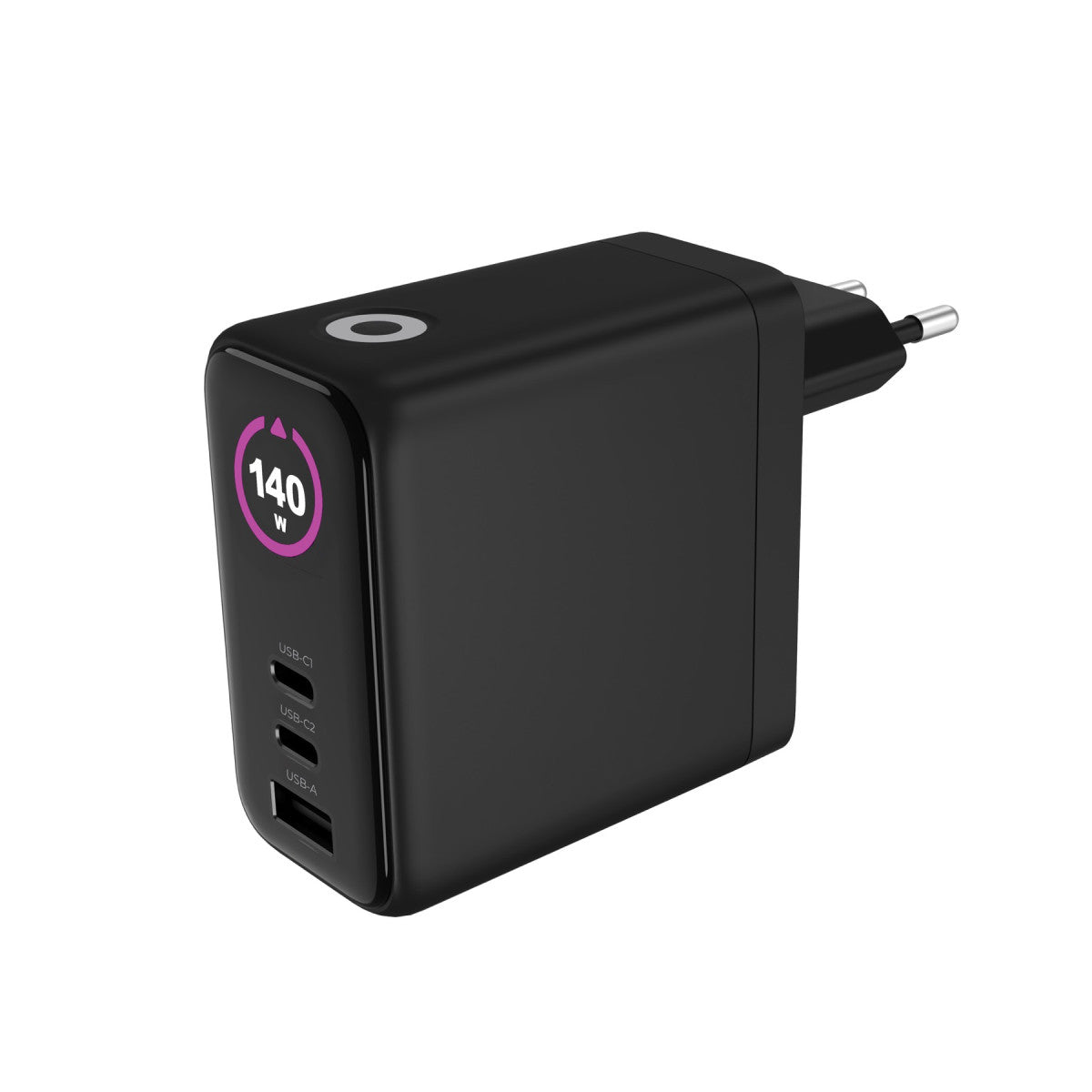 GaN Wall Charger with Display 2× USB-C + USB-A PW21, 140W, Black