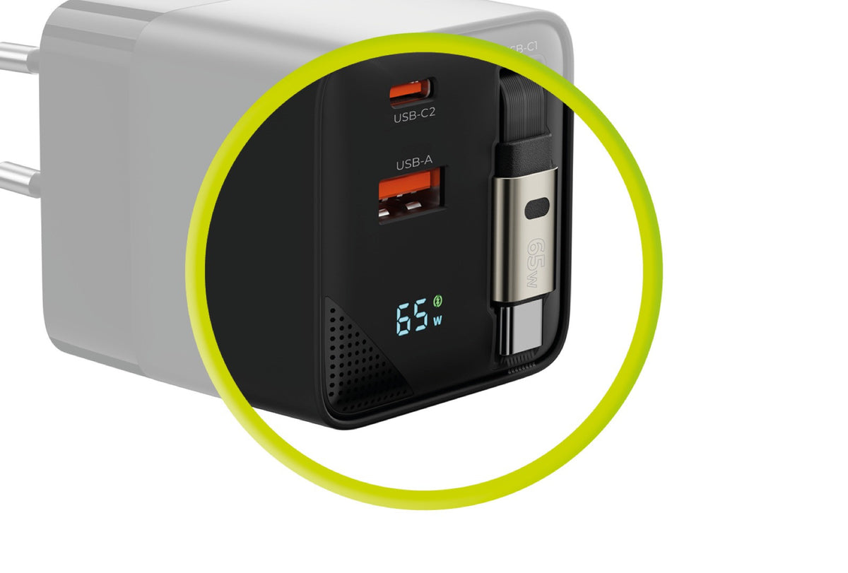Wall Charger GaN with Display and Retractable Cable USB-C + USB-A PW2, 65W, Black