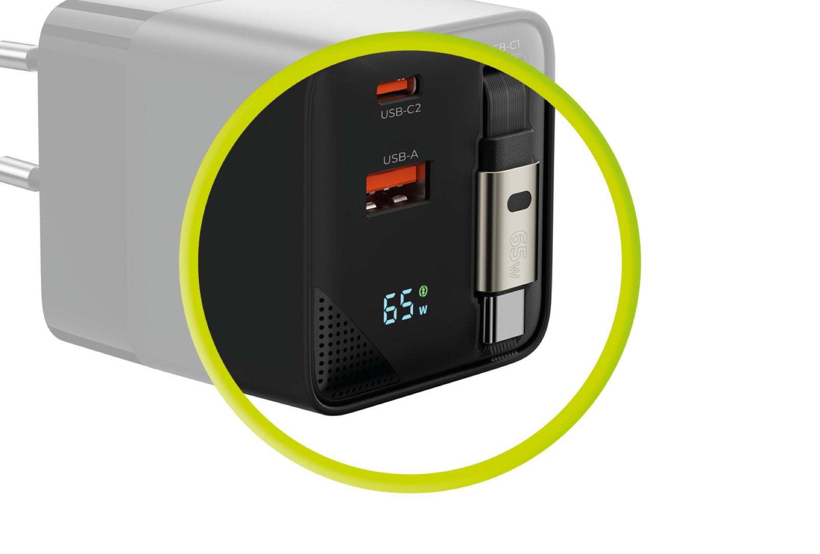 GaN síťová nabíječka s displejem 65W PW2 s USB-C Samonavíjecím Kabelem + USB-C + USB-A