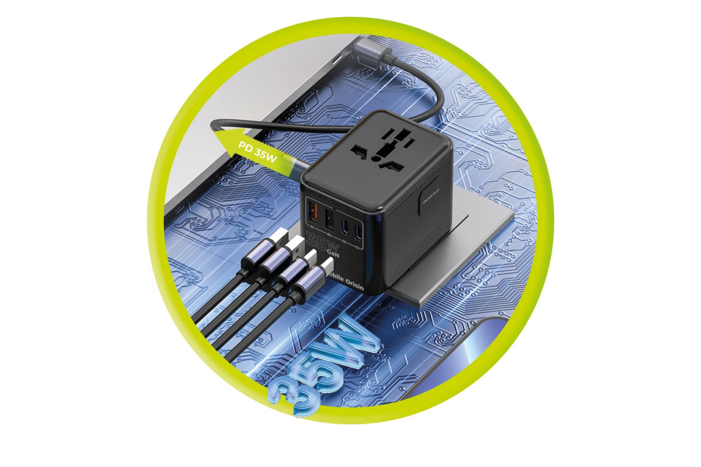 Cestovní adaptér GaN EU/UK/US/AUS 3× USB-C + 2× USB-A PW4, 35W, Černá