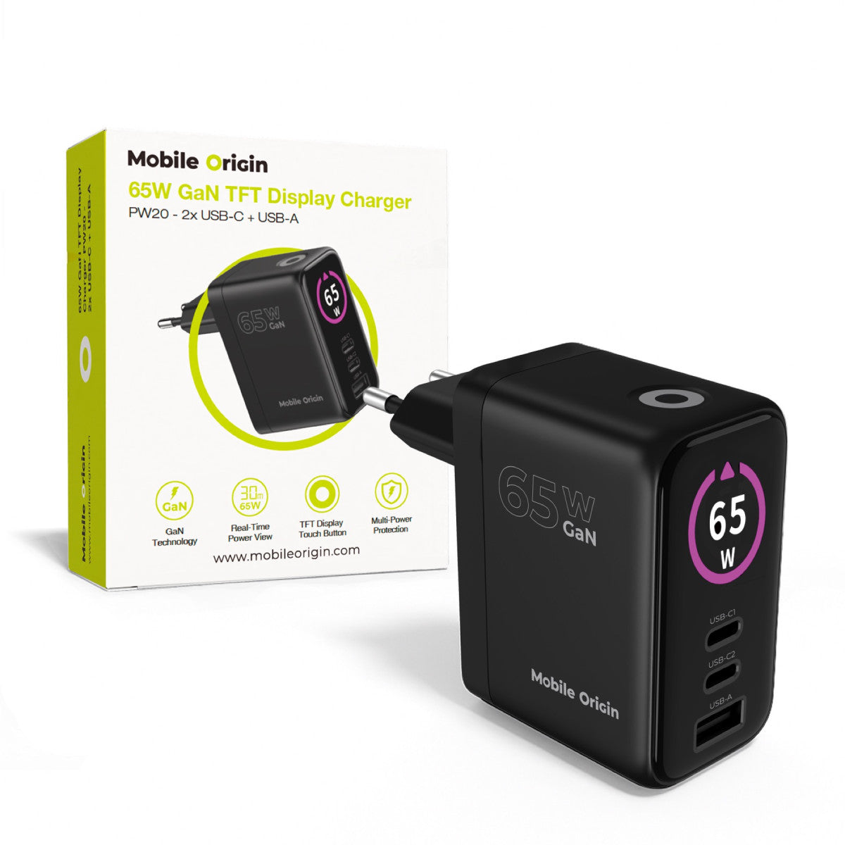 GaN Wall Charger with Display 2× USB-C + USB-A PW20, 65W, Black
