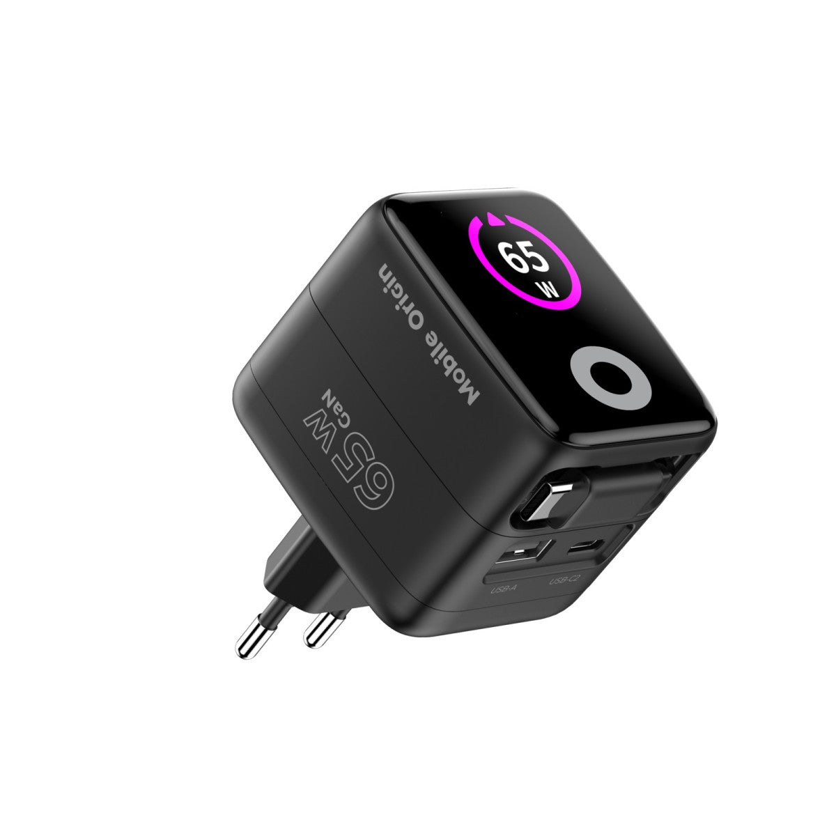 Síťová nabíječka GaN s displejem a samonavíjecím kabelem USB-C + USB-A PW3, 65W, 0,65 m, Černá