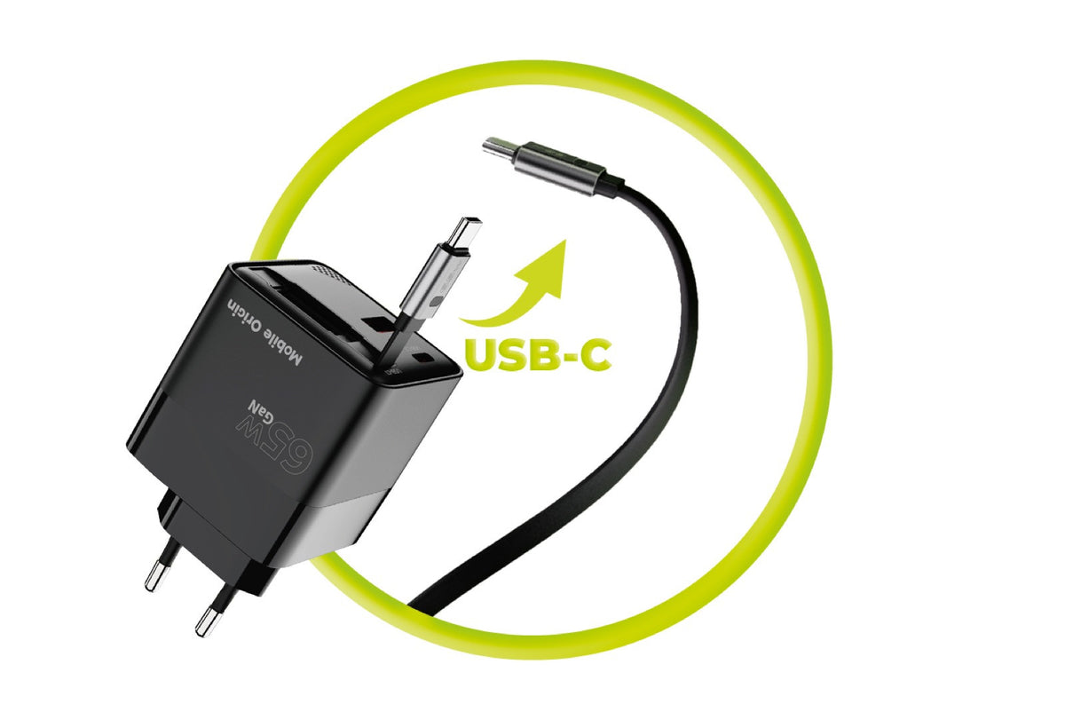 Wall Charger GaN with Display and Retractable Cable USB-C + USB-A PW2, 65W, Black
