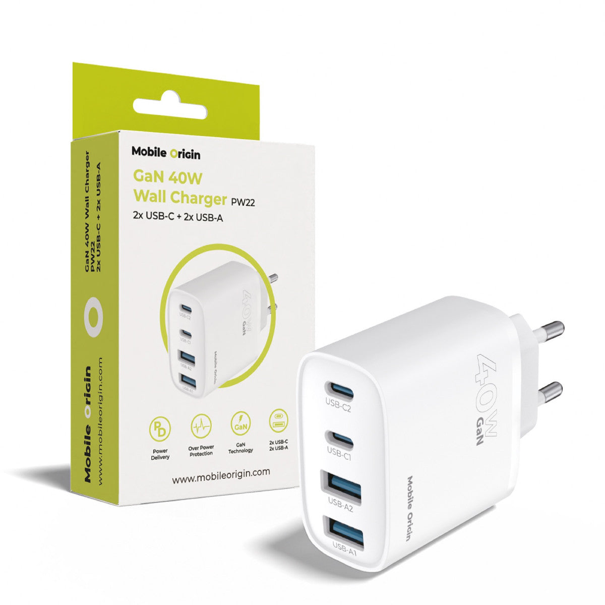 Sieťová nabíjačka GaN 2× USB-C + 2× USB-A PW22, 40W, Biela